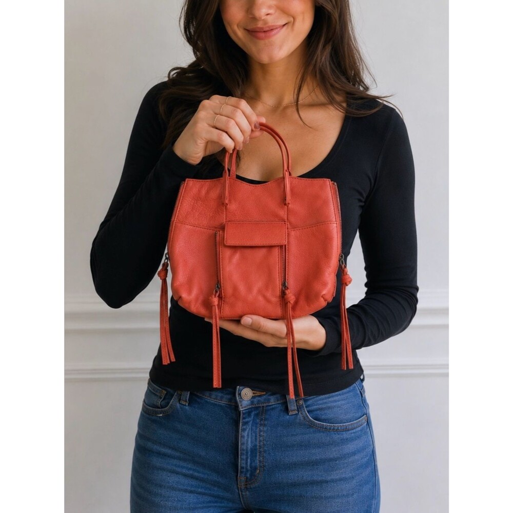 Kooba Leather ‘Aiden’ Mini Tote Hand Bag in Coral Red Orange Cute Casual